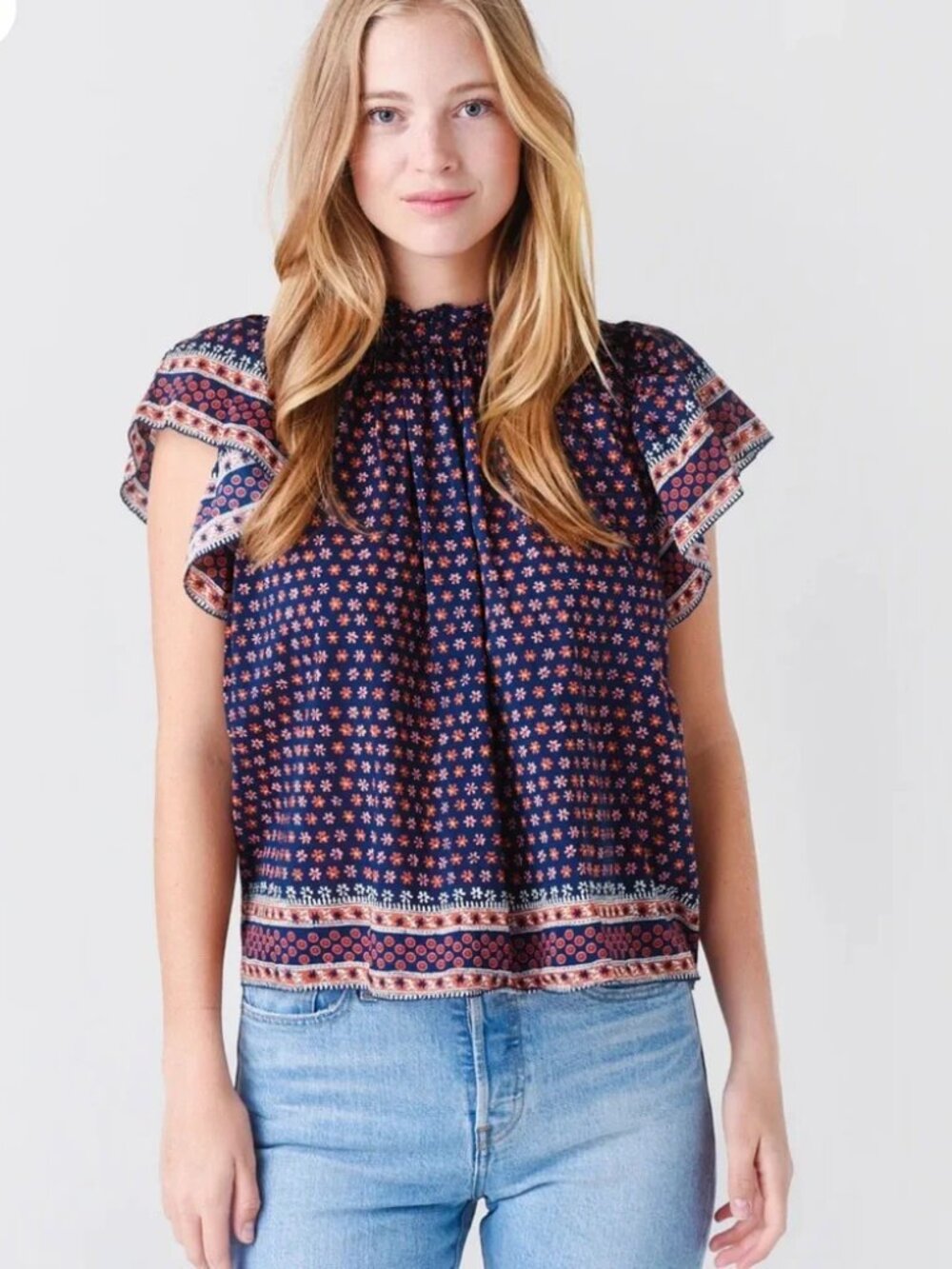 $248 Trovata Birds of Paradis Navy Floral Carla Highneck Top Size M